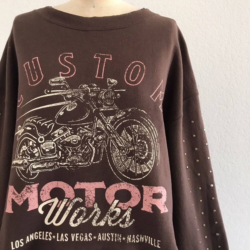 Cleo + Wolf Brown Studded Cotton Fleece Motorcycle Bikercore Sweatshirt Womens M